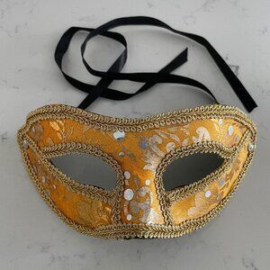 Vintage Masquerade Party Ornate Mask in Gold & Silver w Black Ribbon Tie Sz OS